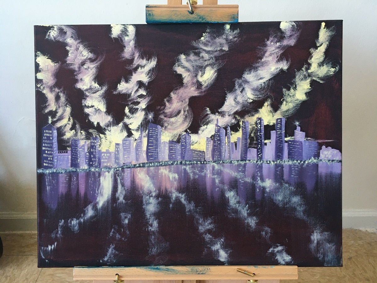 city skyline oil painting on black canvas