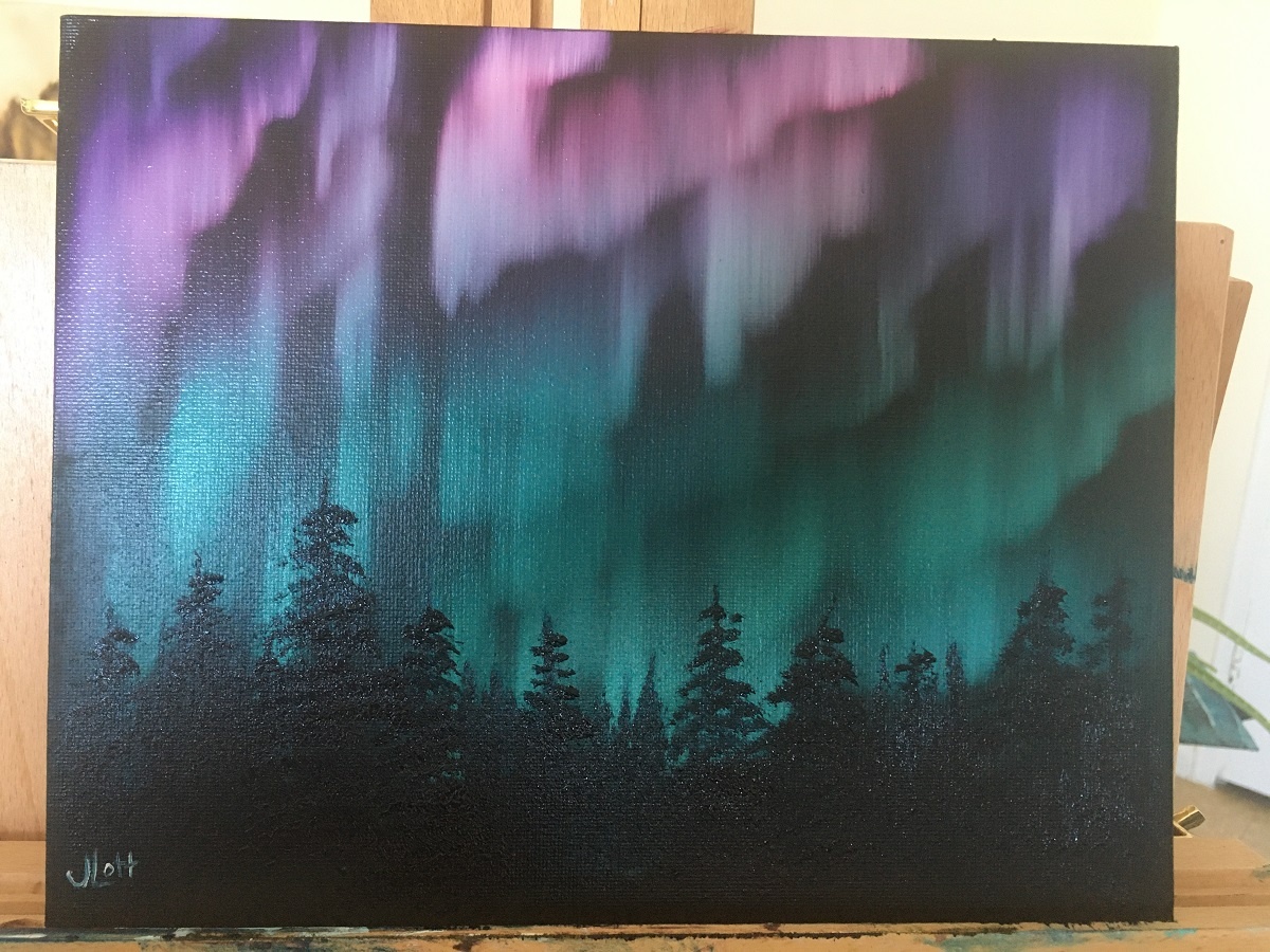 oil painting aurora borealis on black canvas