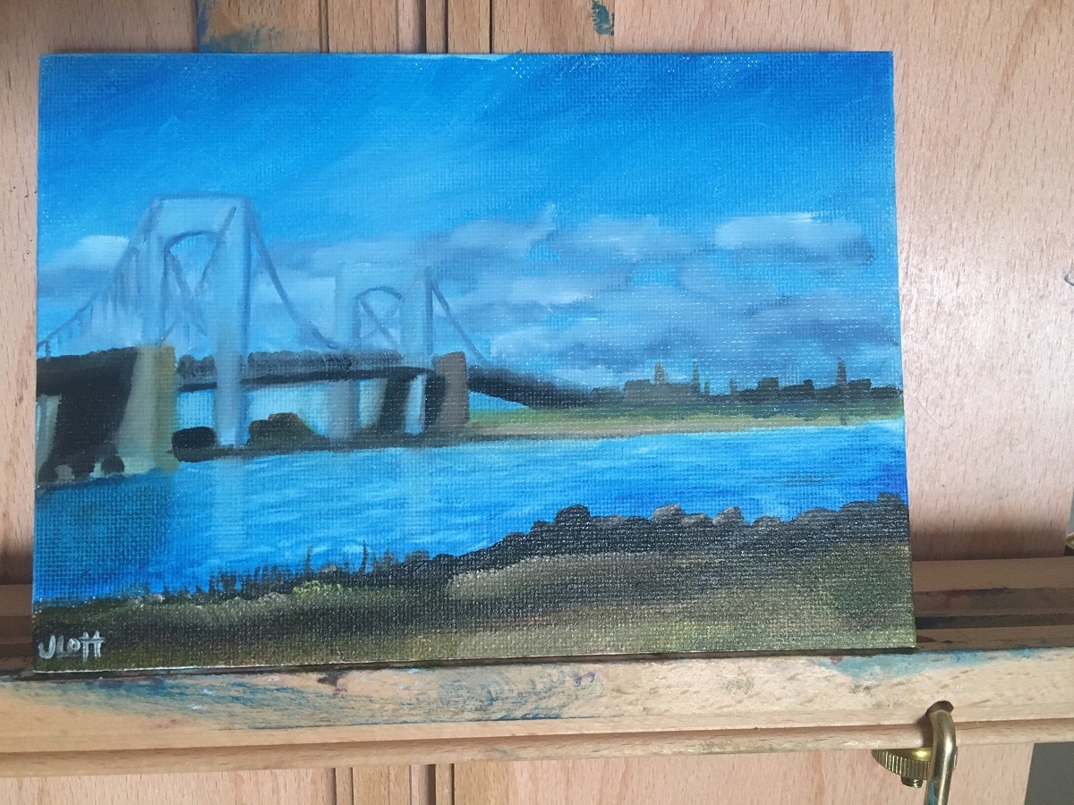oil painting city skyline and water