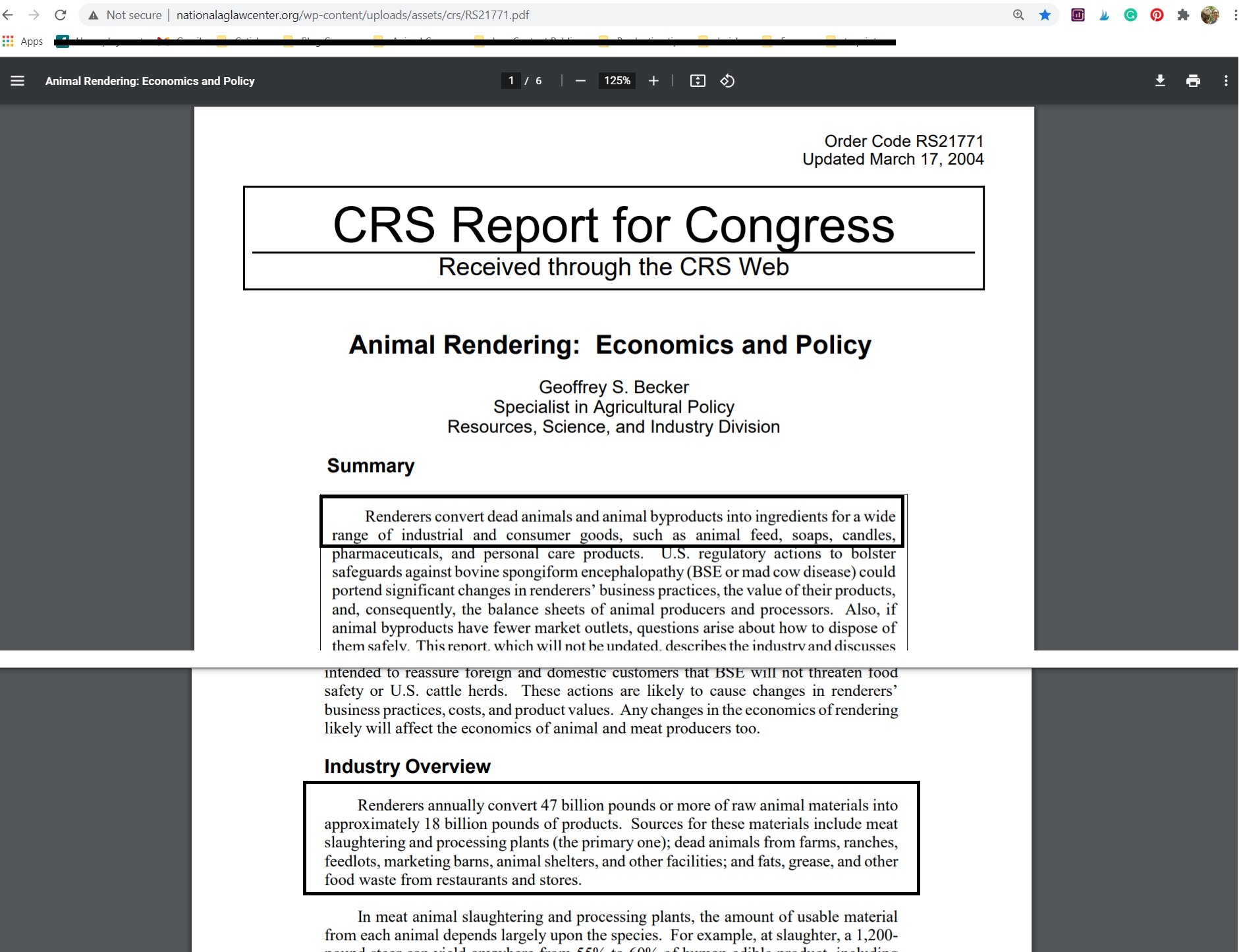 crs report for congress animal rendering