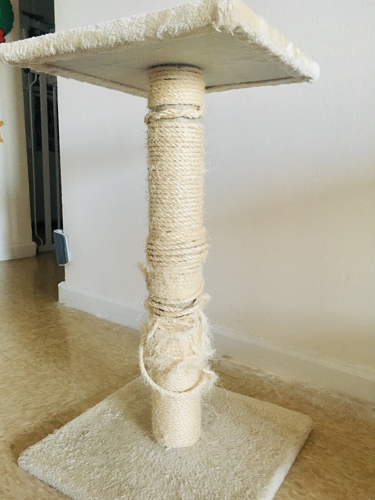 old frayed scratching post with sisal rope