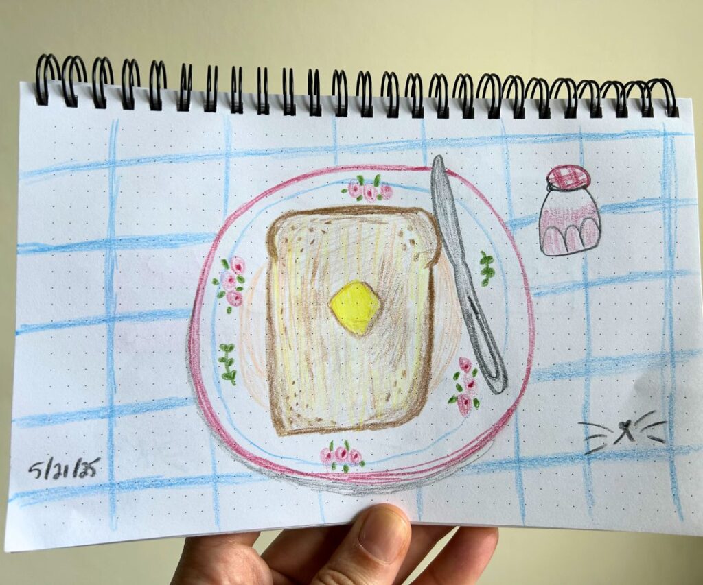 toast and butter with jam colored pencil drawing caticles.com