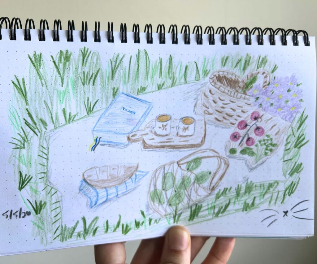 picnic colored pencil drawing doodle caticles.com